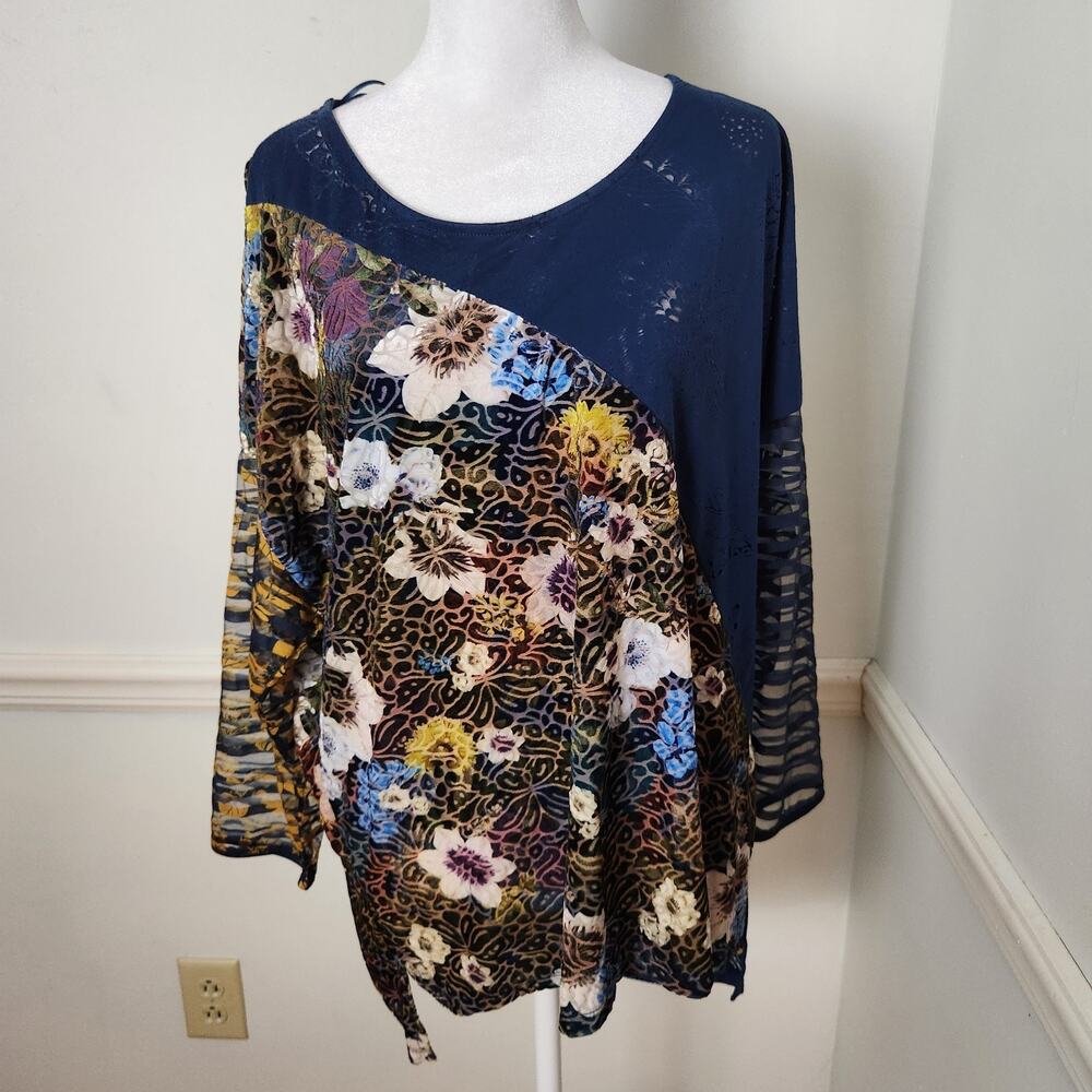 Desigual Shirt XL Womens Sheer Crushed Velvet Mixed Media Top Boho Artsy Floral